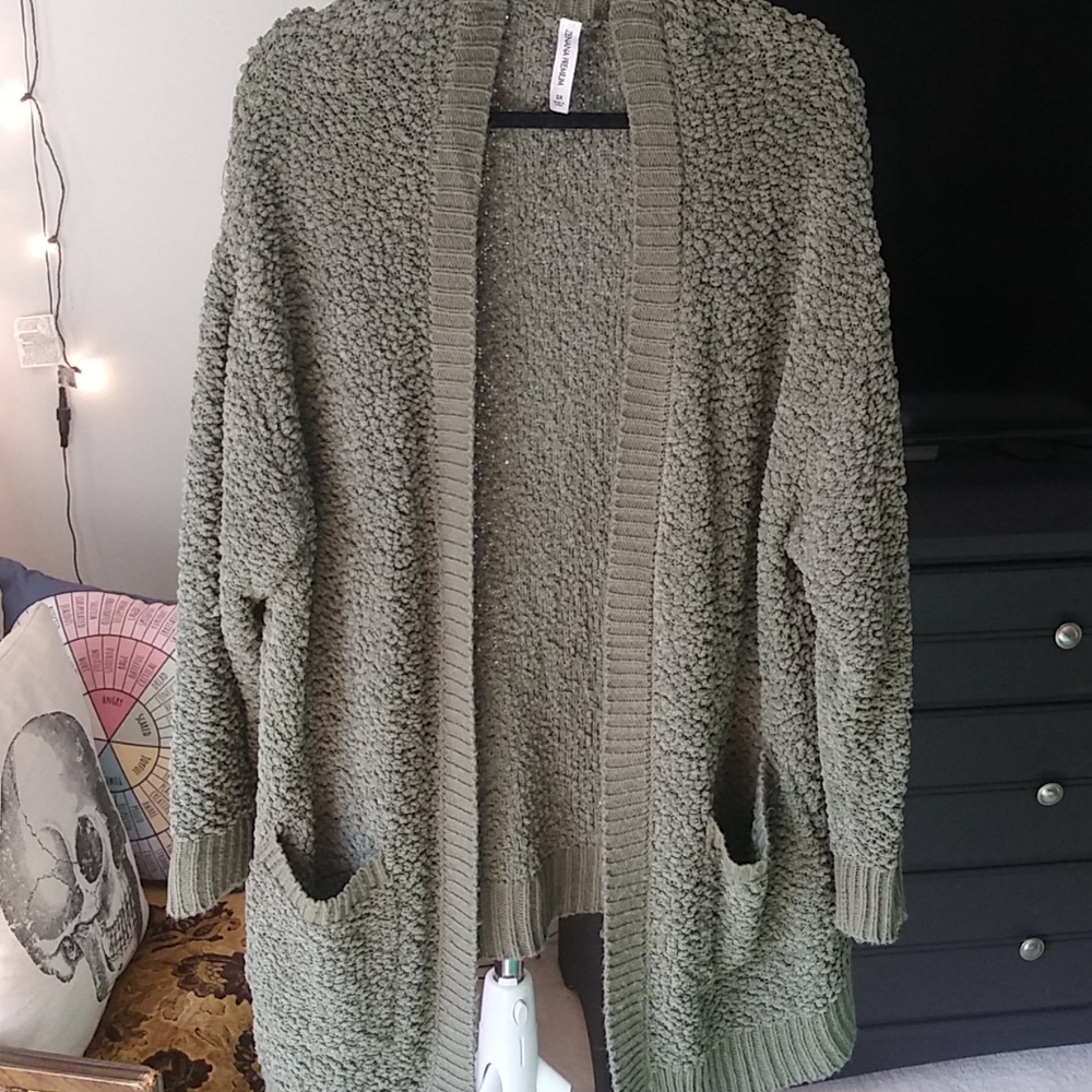 Olive Green Open Popcorn Knit Cardigan